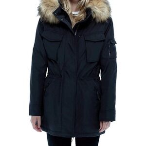 S13 New York Womens Anorak Jacket Faux Fur Hood Cinch‎ Waist Pockets Black Sz L